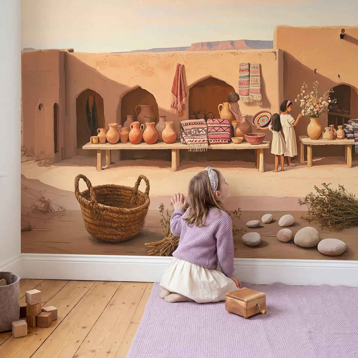 Child in nursery with Desert Market Morning Wallpaper Mural by Whimsy Tots