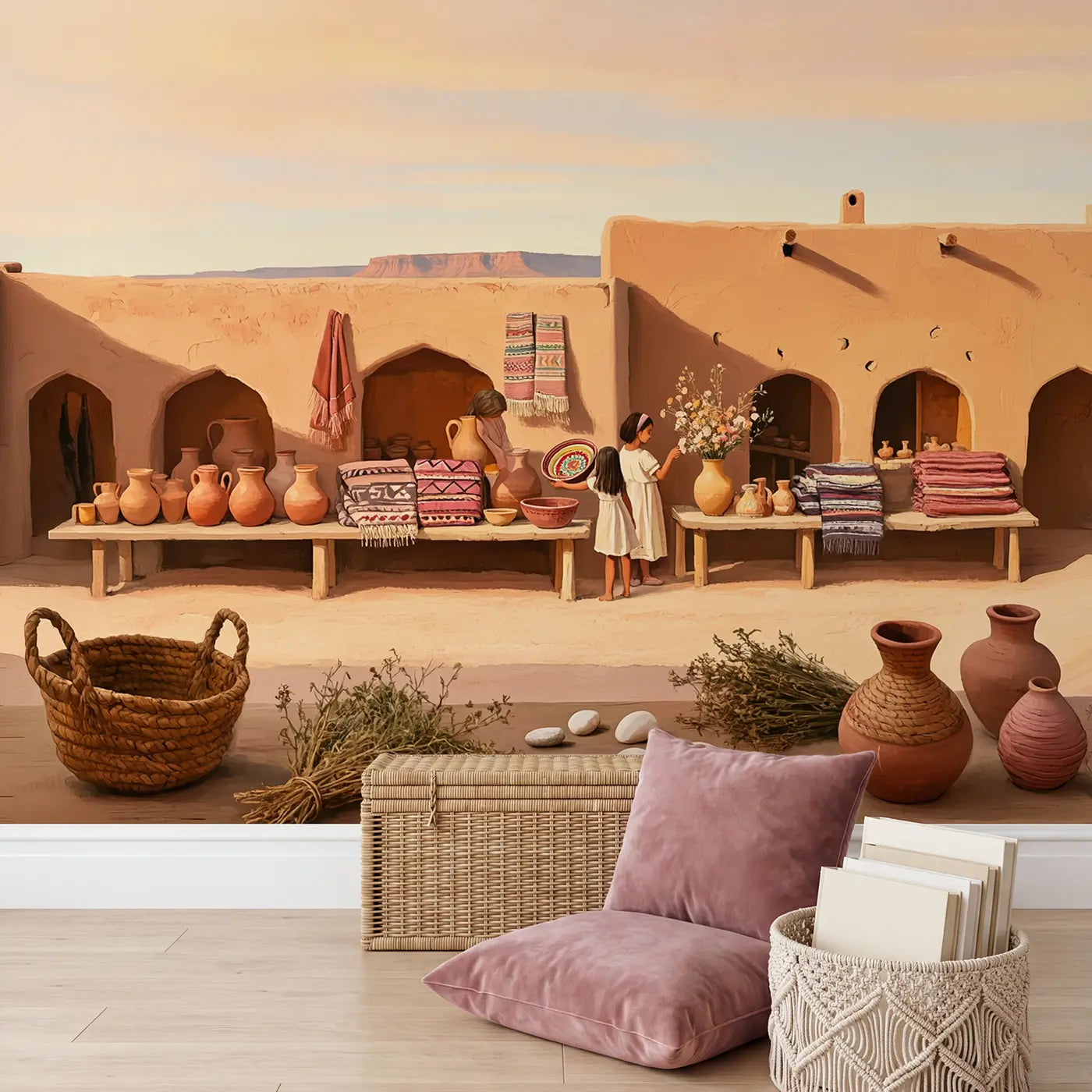 Desert Market Morning Wallpaper Mural in playroom setting by Whimsy Tots