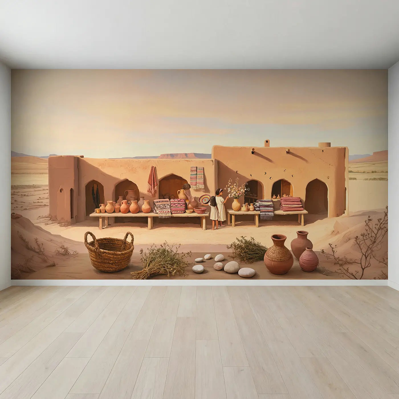 Full view of Desert Market Morning Wallpaper Mural by Whimsy Tots