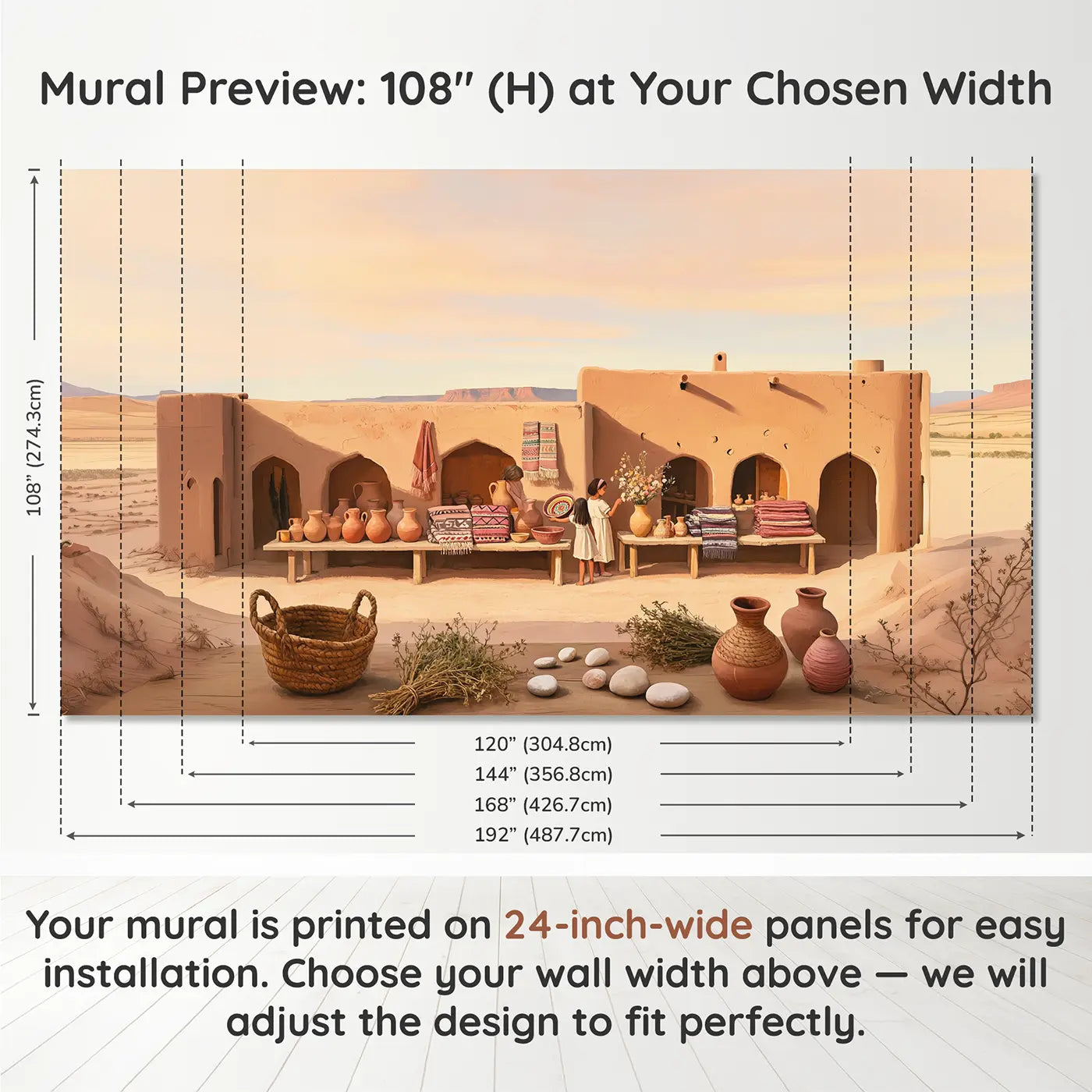 Panel layout and dimensions for Desert Market Morning Wallpaper Mural by Whimsy Tots