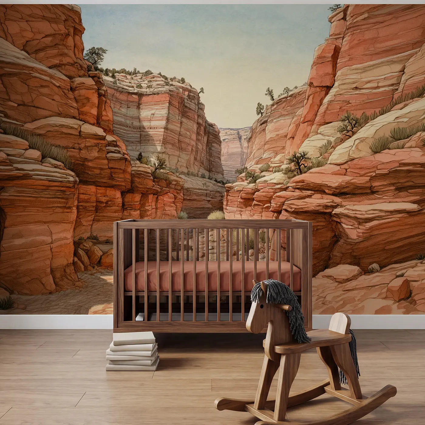 Storybook red rock canyon desert layers wallpaper mural for nursery by Whimsy Tots