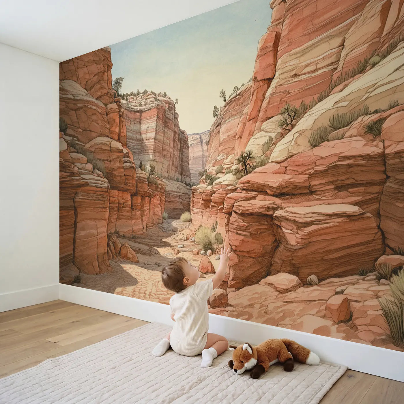 Child in nursery with Red Rock Canyon Layers Wallpaper Mural by Whimsy Tots