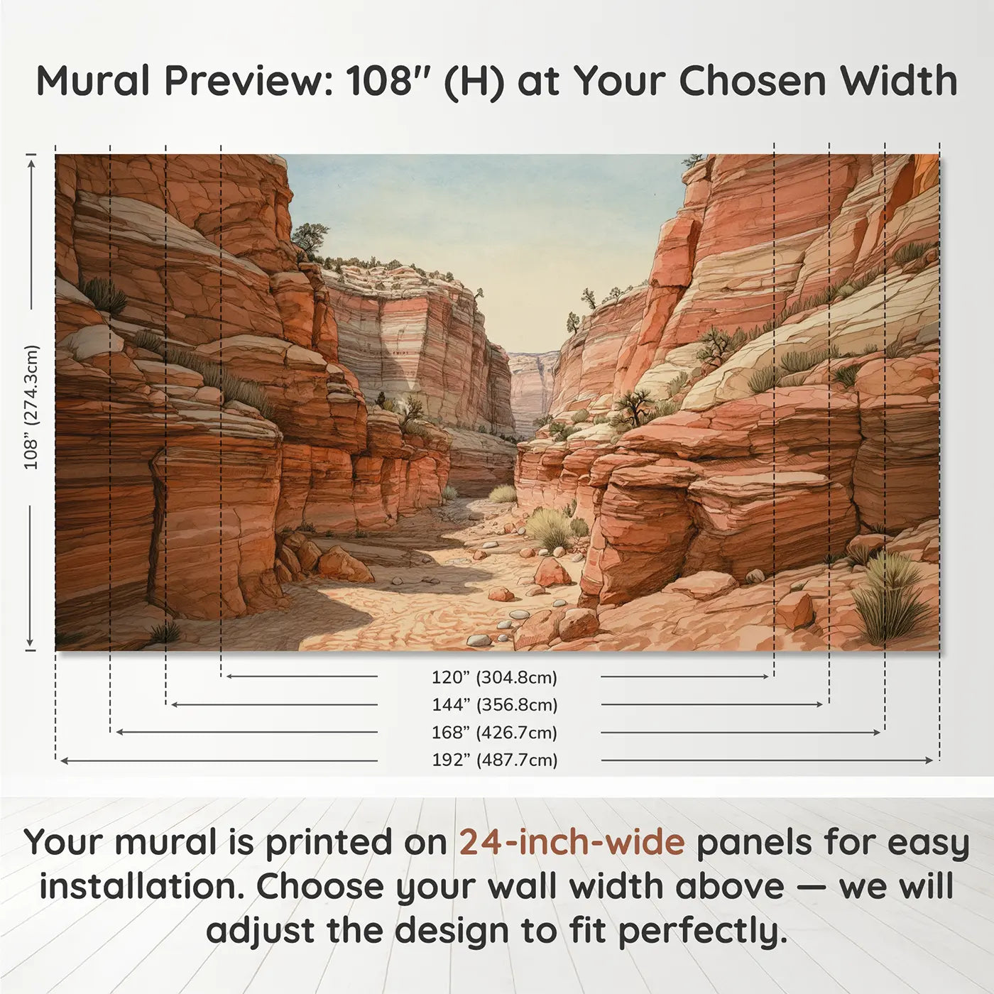 Panel layout and dimensions for Red Rock Canyon Layers Wallpaper Mural by Whimsy Tots
