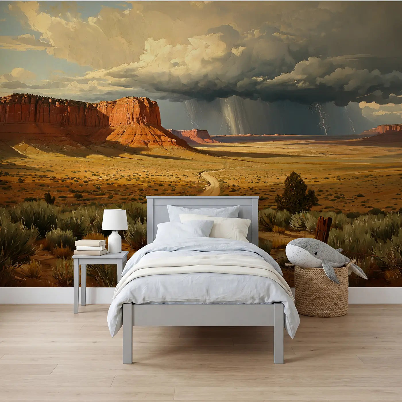 Painted Landscape desert plateau storm wallpaper mural for boys room by Whimsy Tots