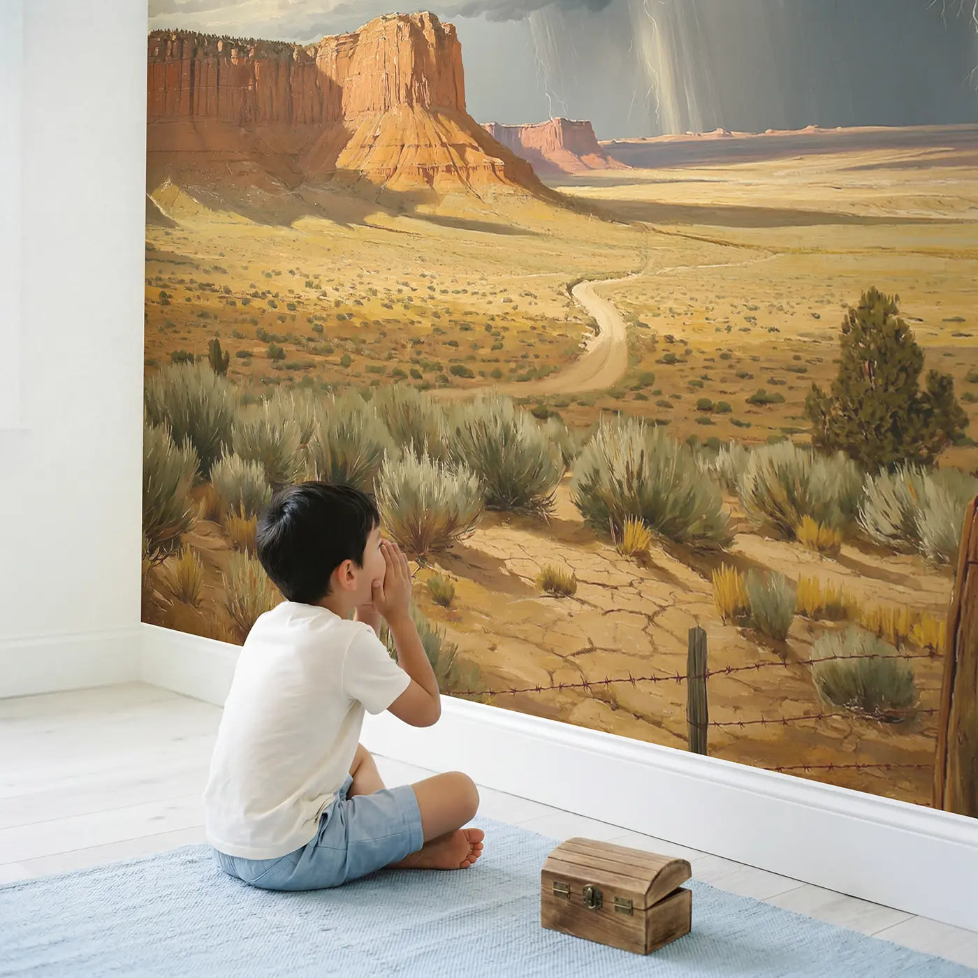Child in nursery with Desert Plateau Storm Wallpaper Mural by Whimsy Tots