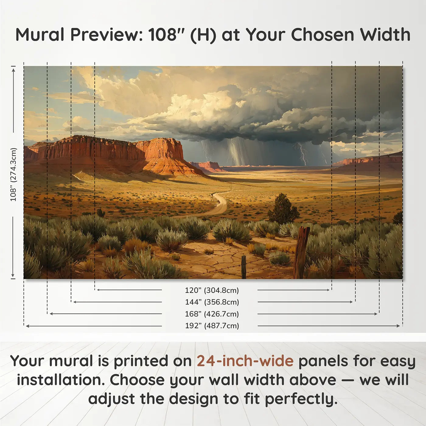 Panel layout and dimensions for Desert Plateau Storm Wallpaper Mural by Whimsy Tots