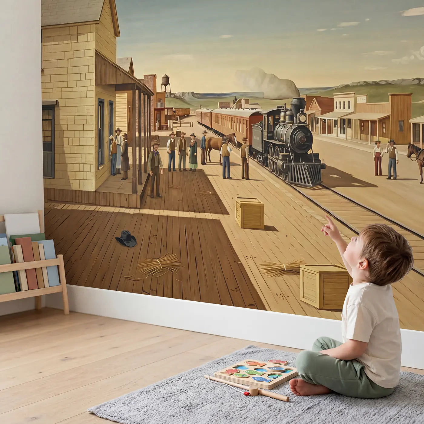 Child in nursery with Western Train Depot Arrival Wallpaper Mural by Whimsy Tots