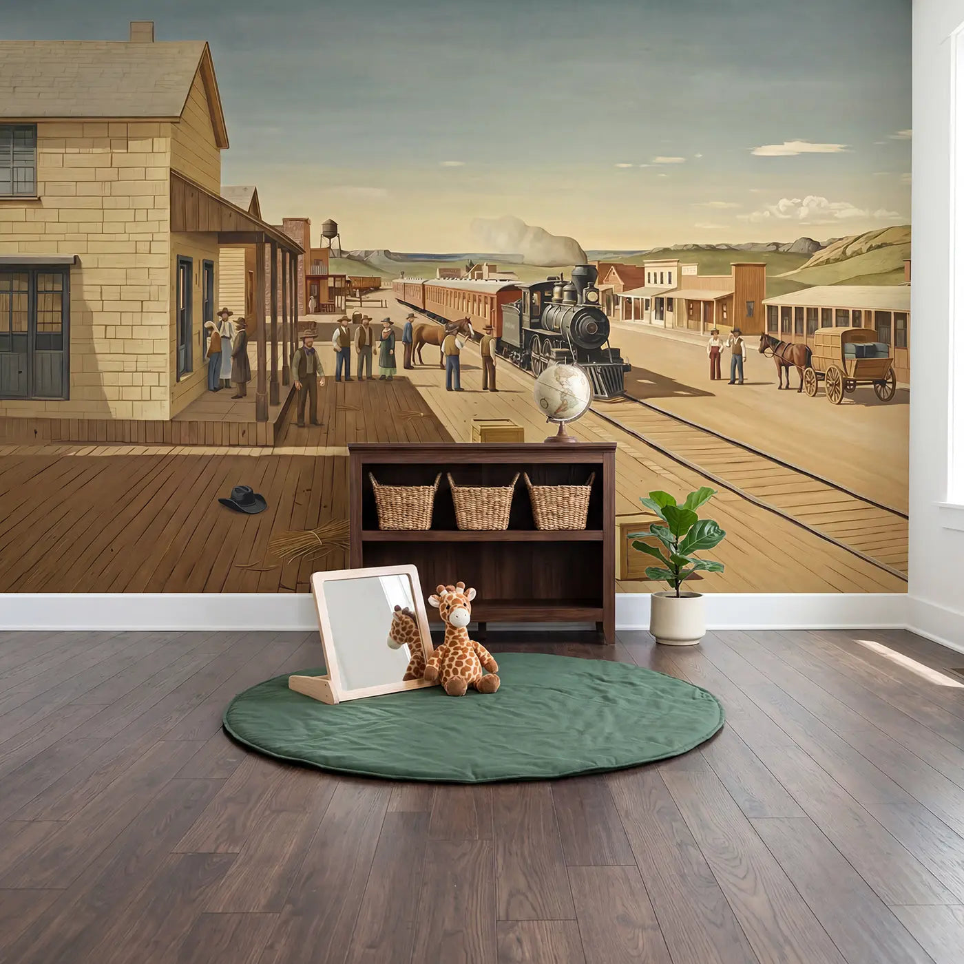 Western Train Depot Arrival Wallpaper Mural in playroom setting by Whimsy Tots