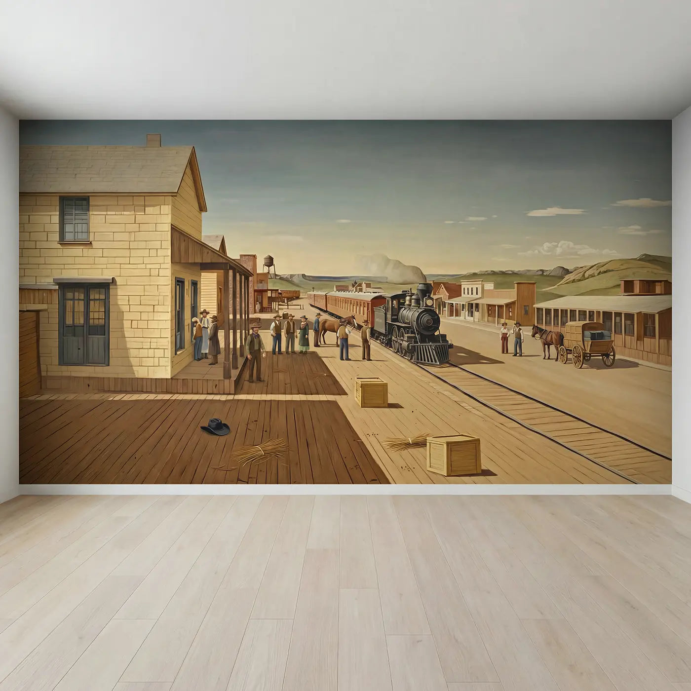 Full view of Western Train Depot Arrival Wallpaper Mural by Whimsy Tots