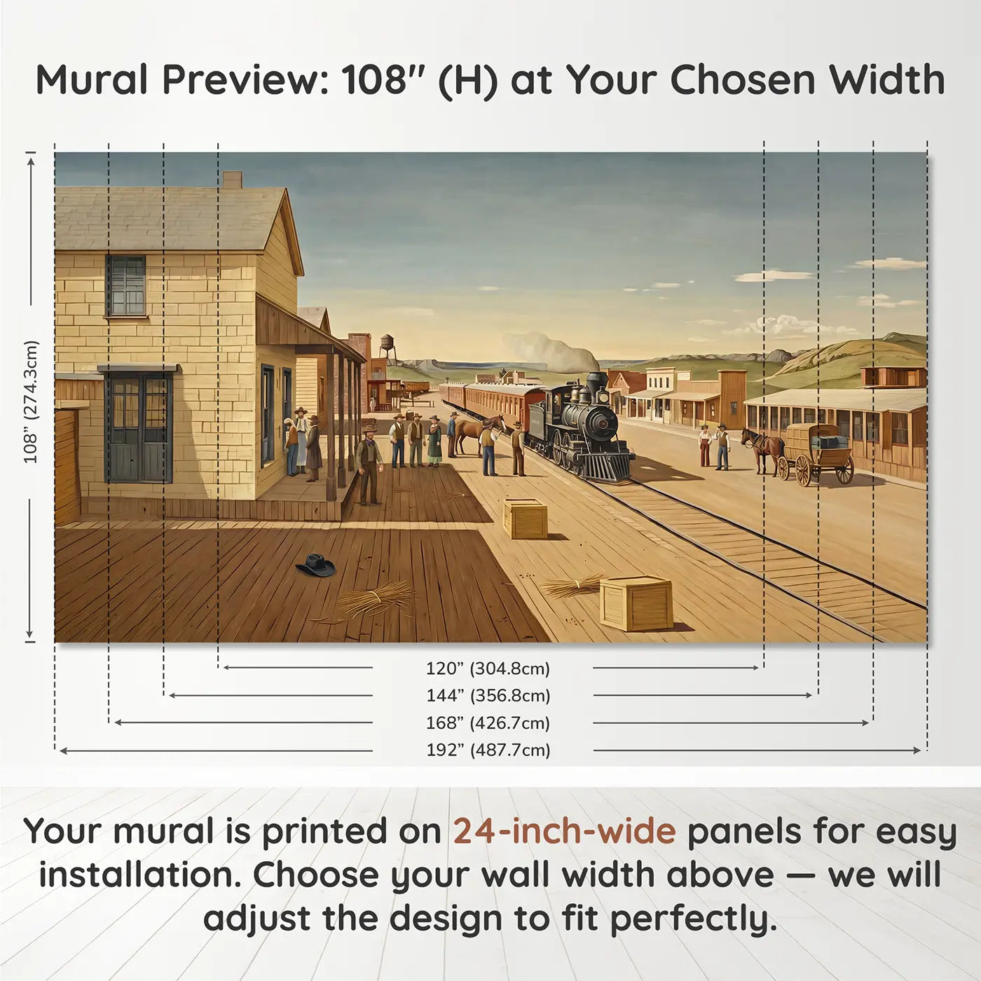 Panel layout and dimensions for Western Train Depot Arrival Wallpaper Mural by Whimsy Tots