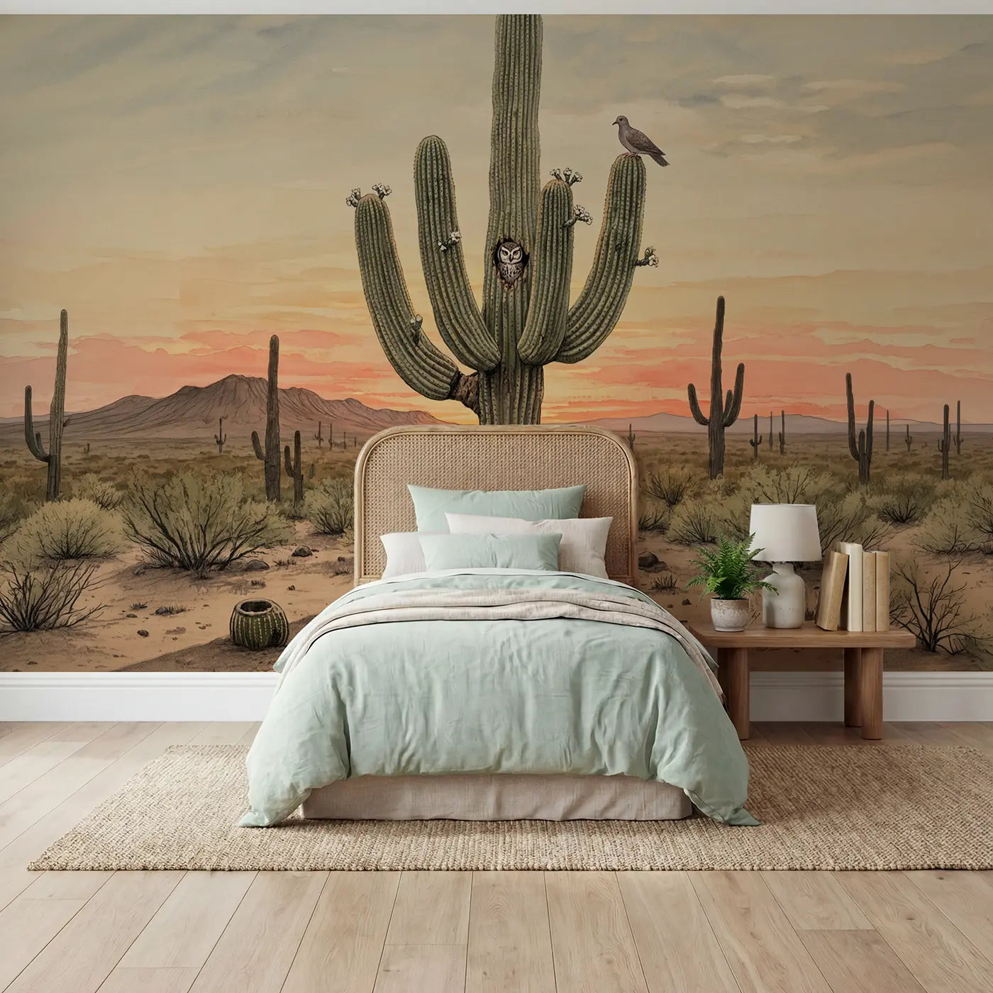 Storybook desert saguaro sunset wallpaper mural for kids room by Whimsy Tots