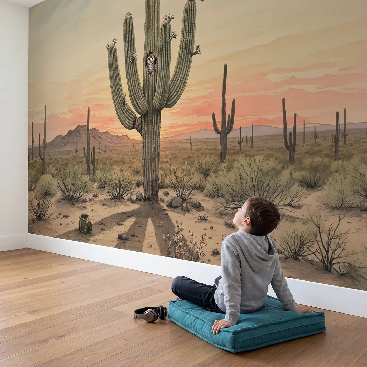 Child in nursery with Desert Saguaro Sunset Wallpaper Mural by Whimsy Tots