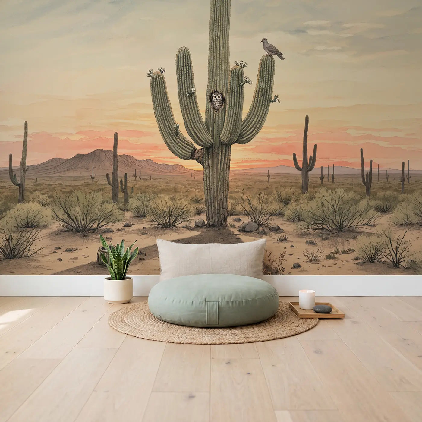 Desert Saguaro Sunset Wallpaper Mural in playroom setting by Whimsy Tots