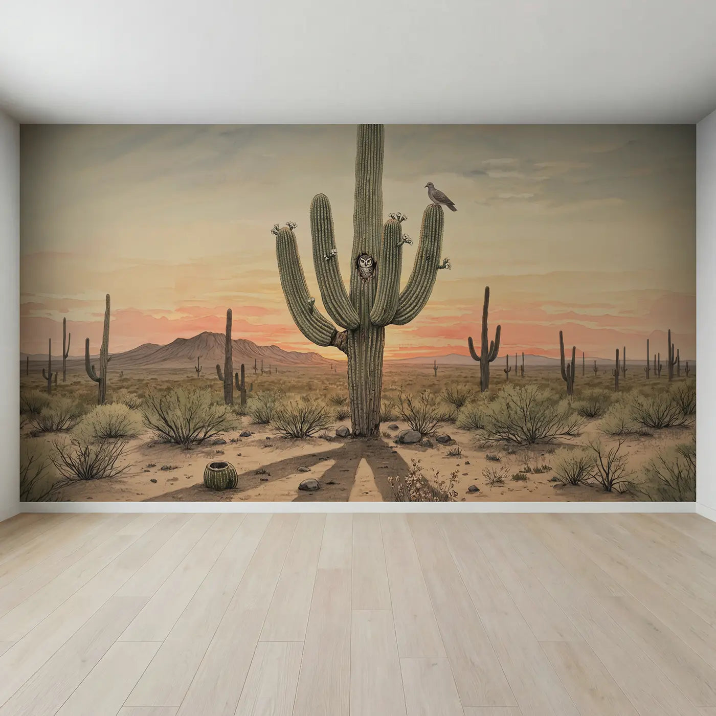 Full view of Desert Saguaro Sunset Wallpaper Mural by Whimsy Tots