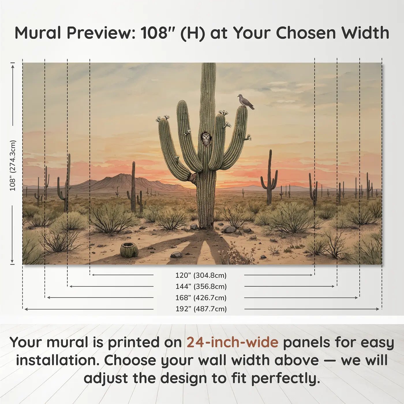 Panel layout and dimensions for Desert Saguaro Sunset Wallpaper Mural by Whimsy Tots
