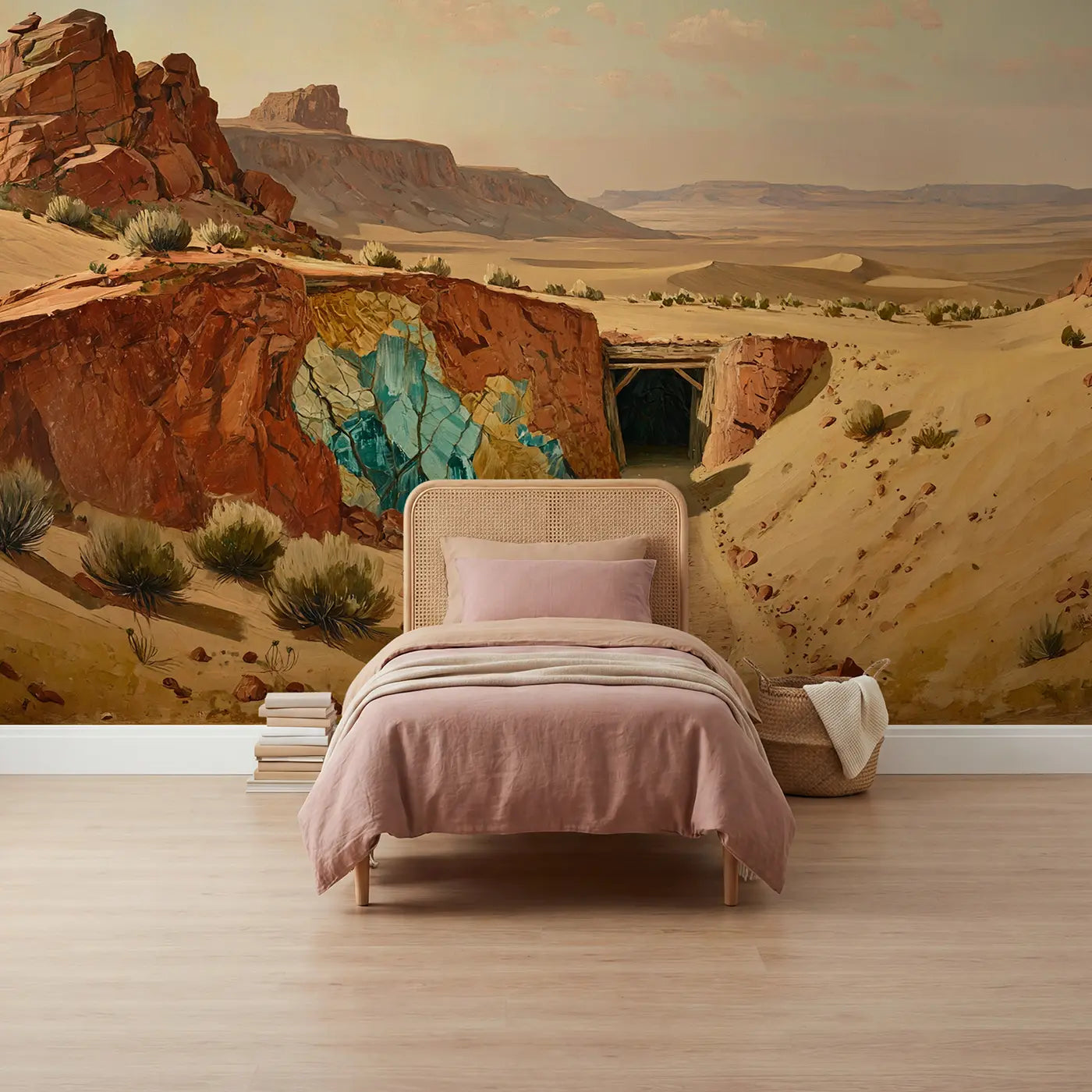 painted desert turquoise mine hillside wallpaper mural for girls room by Whimsy Tots