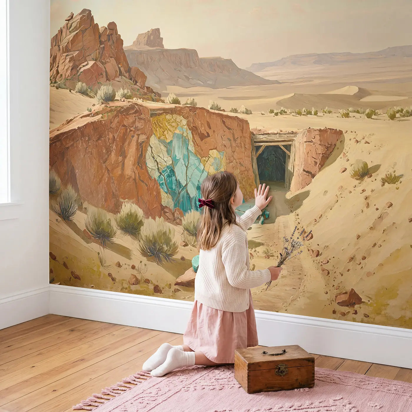 Child in nursery with Desert Turquoise Mine Hillside Wallpaper Mural by Whimsy Tots