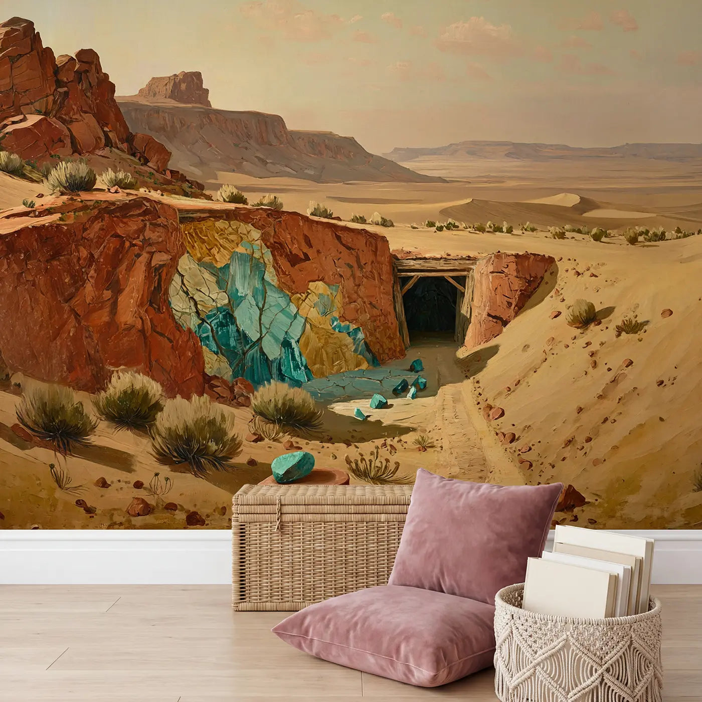 Desert Turquoise Mine Hillside Wallpaper Mural in playroom setting by Whimsy Tots
