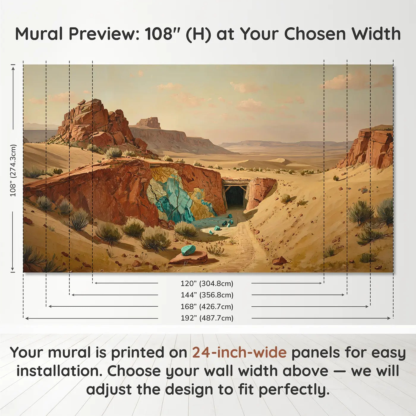 Panel layout and dimensions for Desert Turquoise Mine Hillside Wallpaper Mural by Whimsy Tots