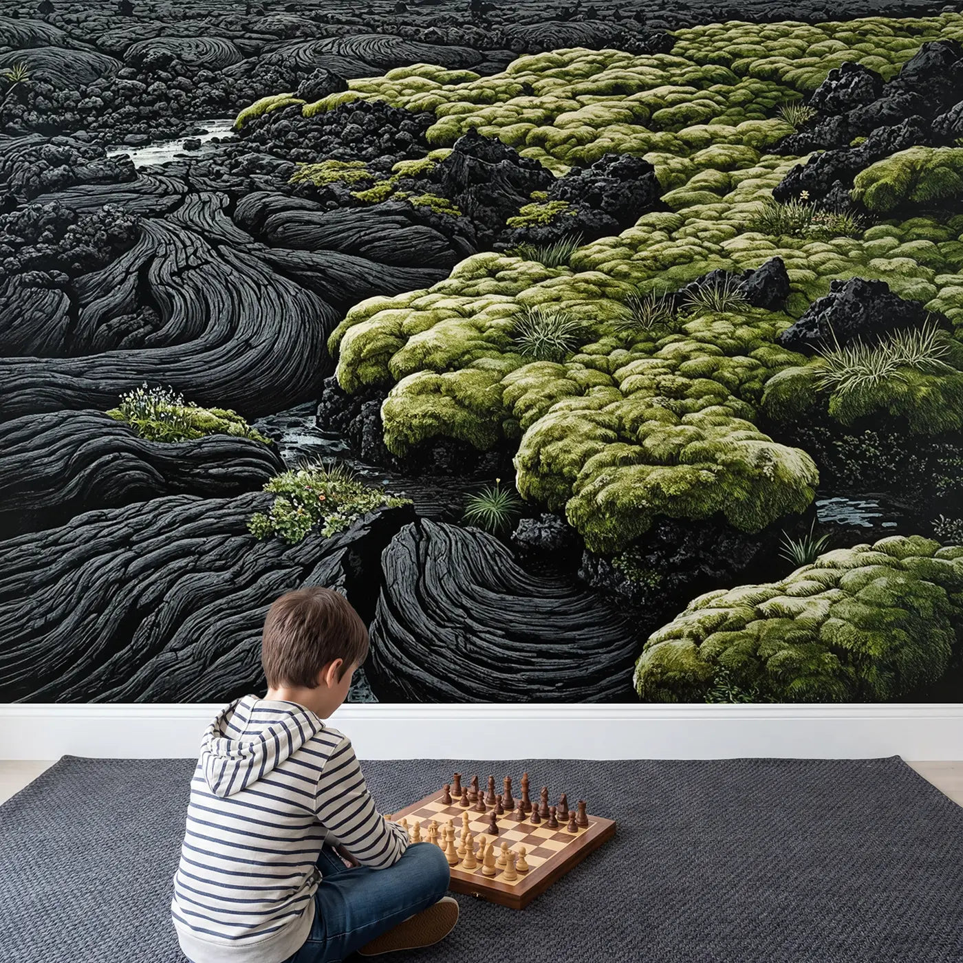 Child in nursery with Volcanic Desert Lava Moss Wallpaper Mural by Whimsy Tots