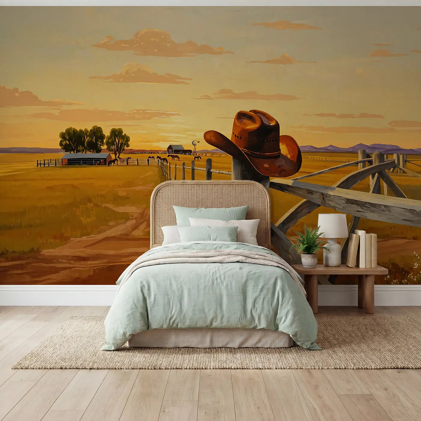 Modern illustration cowboy hat fence post sunset wallpaper mural for kids room by Whimsy Tots