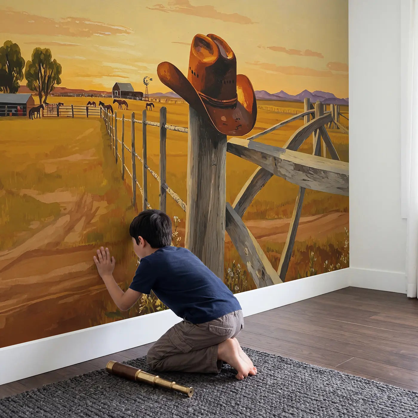 Child in nursery with Cowboy Hat Fence Post Wallpaper Mural by Whimsy Tots
