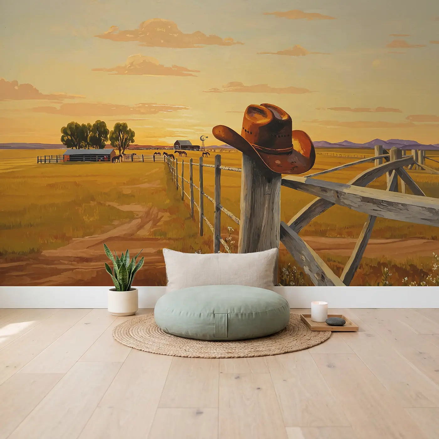 Cowboy Hat Fence Post Wallpaper Mural in playroom setting by Whimsy Tots
