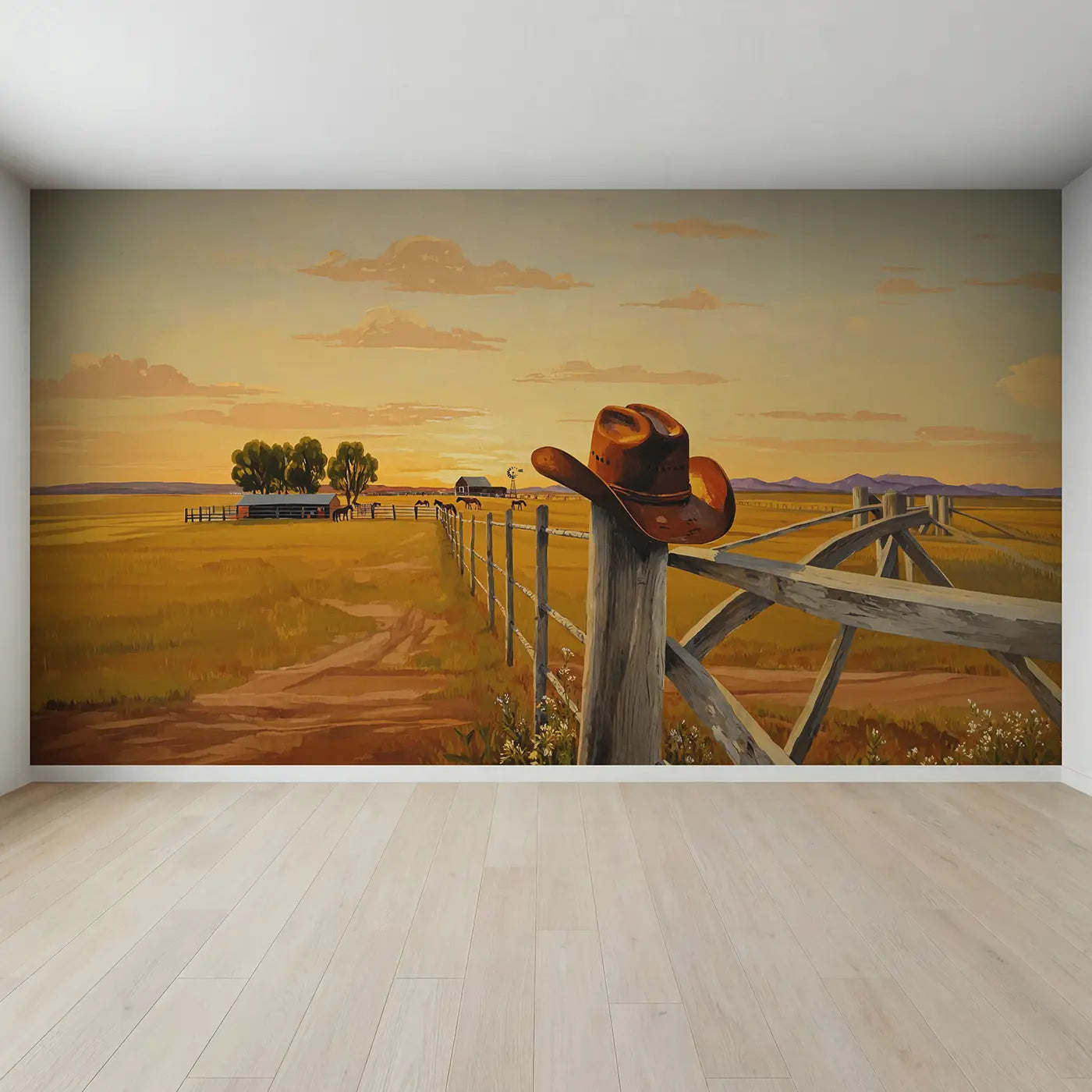 Full view of Cowboy Hat Fence Post Wallpaper Mural by Whimsy Tots