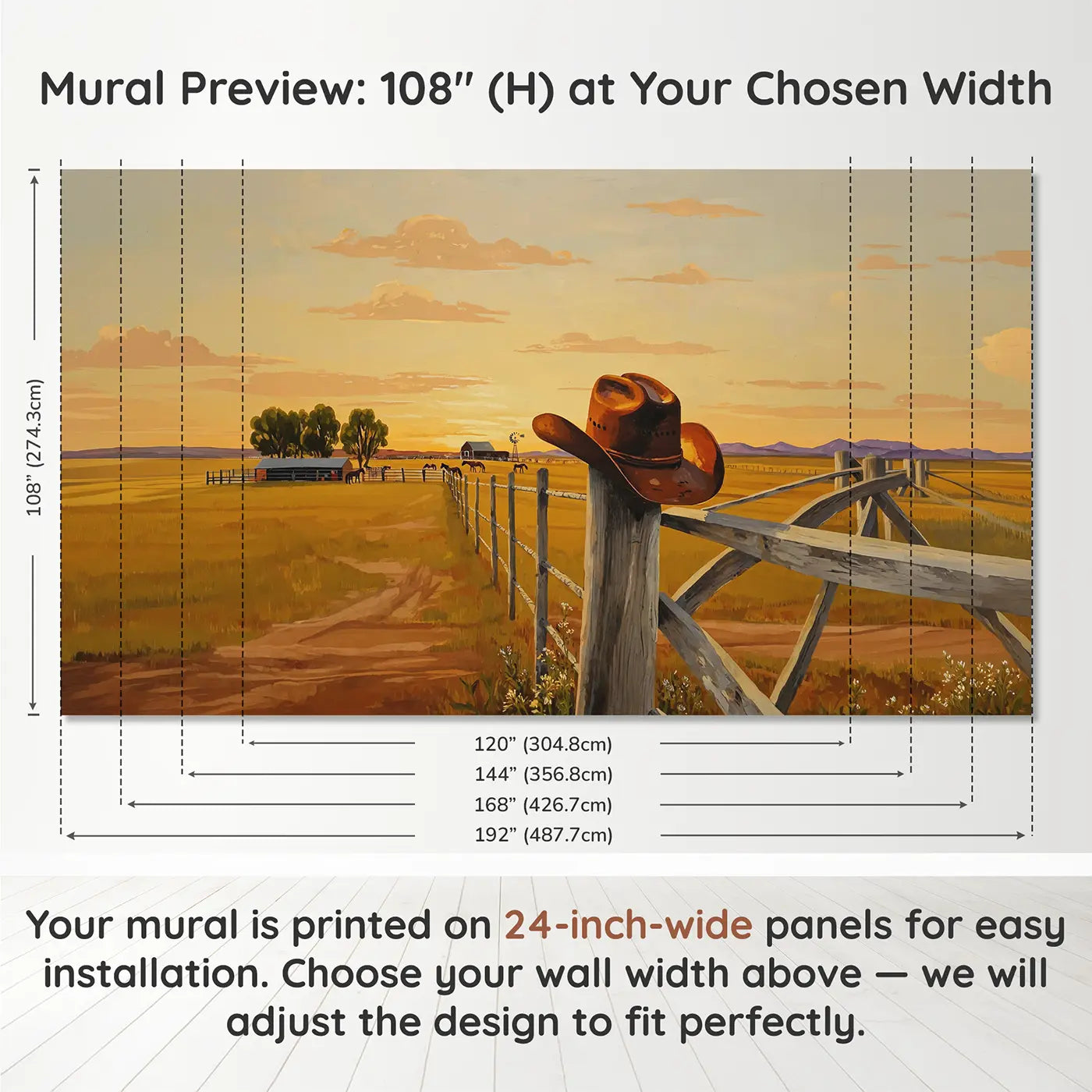 Panel layout and dimensions for Cowboy Hat Fence Post Wallpaper Mural by Whimsy Tots