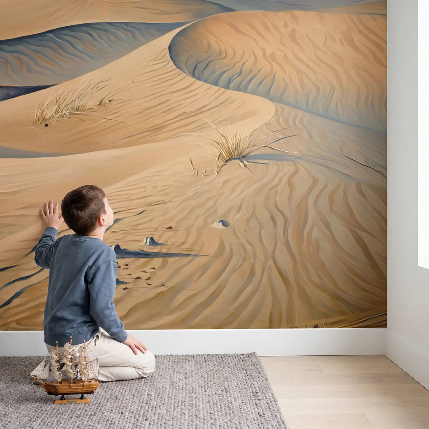 Child in nursery with Windswept Desert Dune Ridge Wallpaper Mural by Whimsy Tots