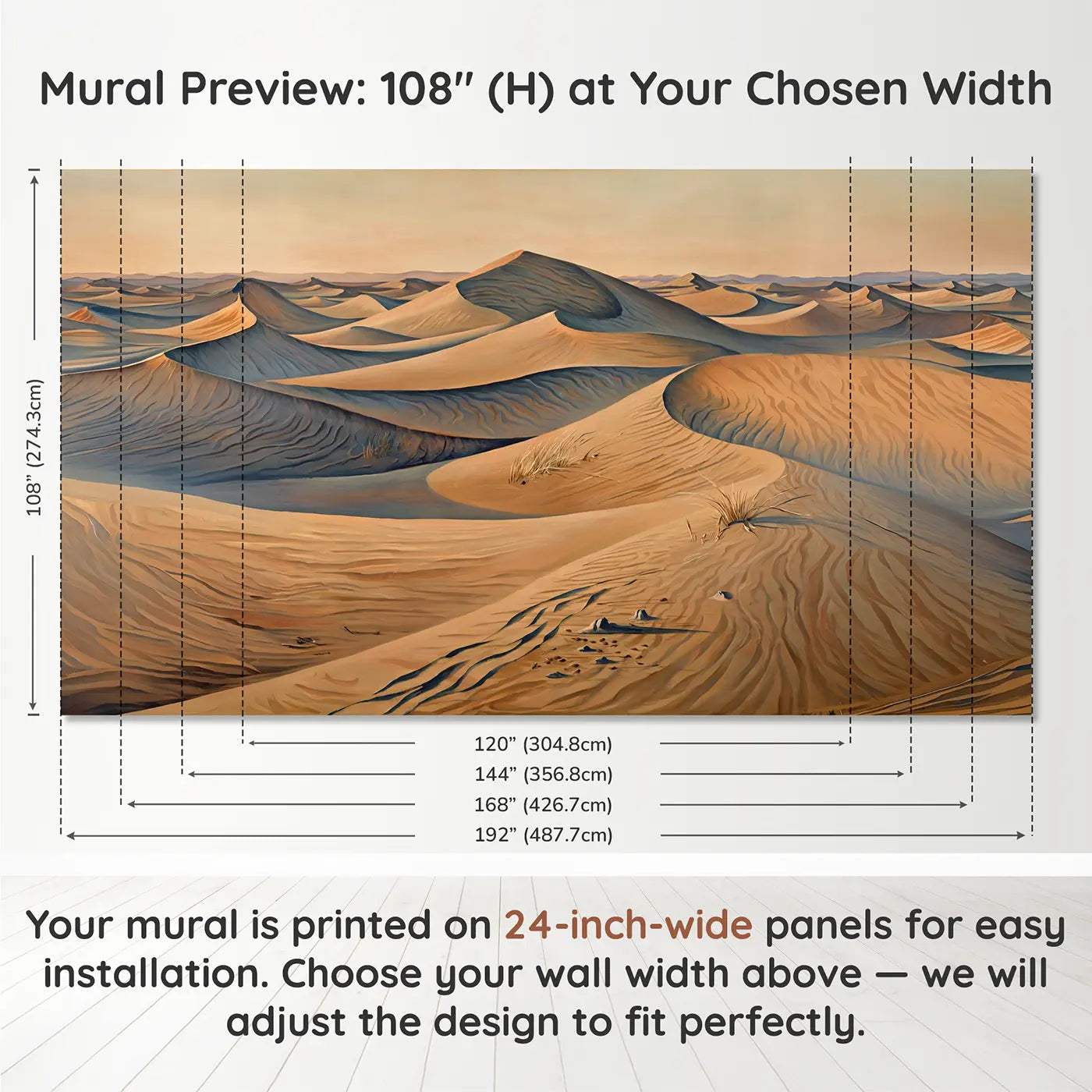 Panel layout and dimensions for Windswept Desert Dune Ridge Wallpaper Mural by Whimsy Tots