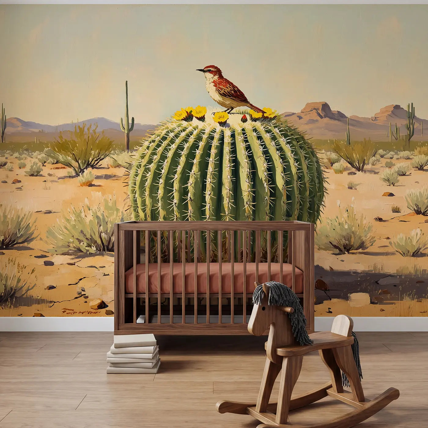 Painted Landscape desert barrel cactus bird wallpaper mural for kids room by Whimsy Tots