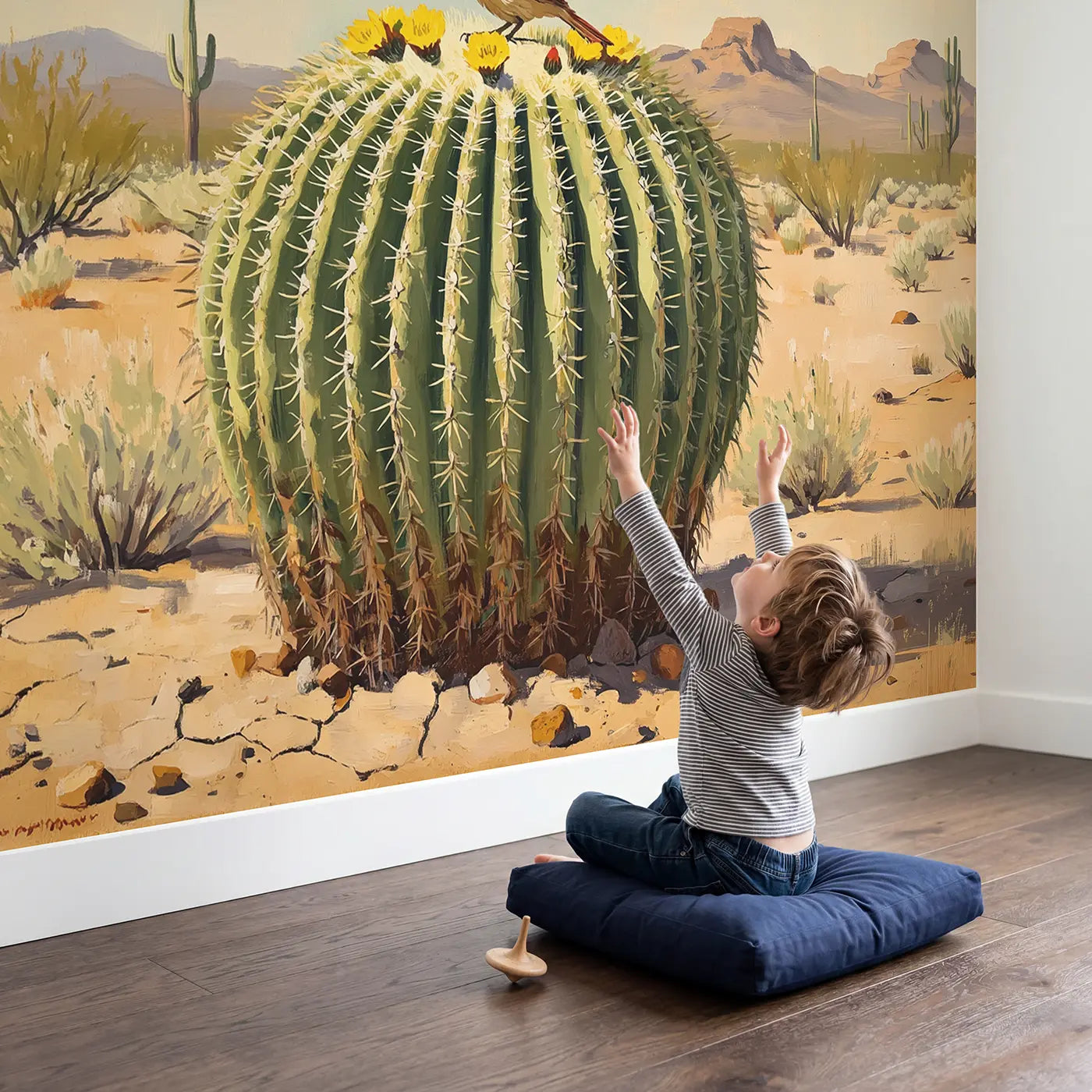 Child in nursery with Desert Barrel Cactus Bird Wallpaper Mural by Whimsy Tots