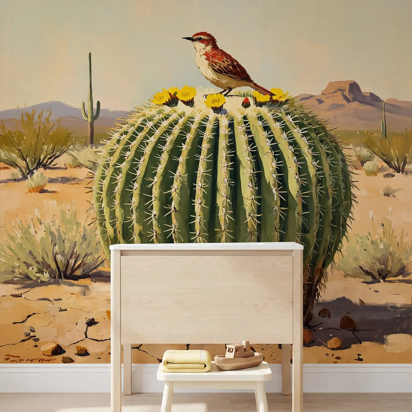 Desert Barrel Cactus Bird Wallpaper Mural in playroom setting by Whimsy Tots