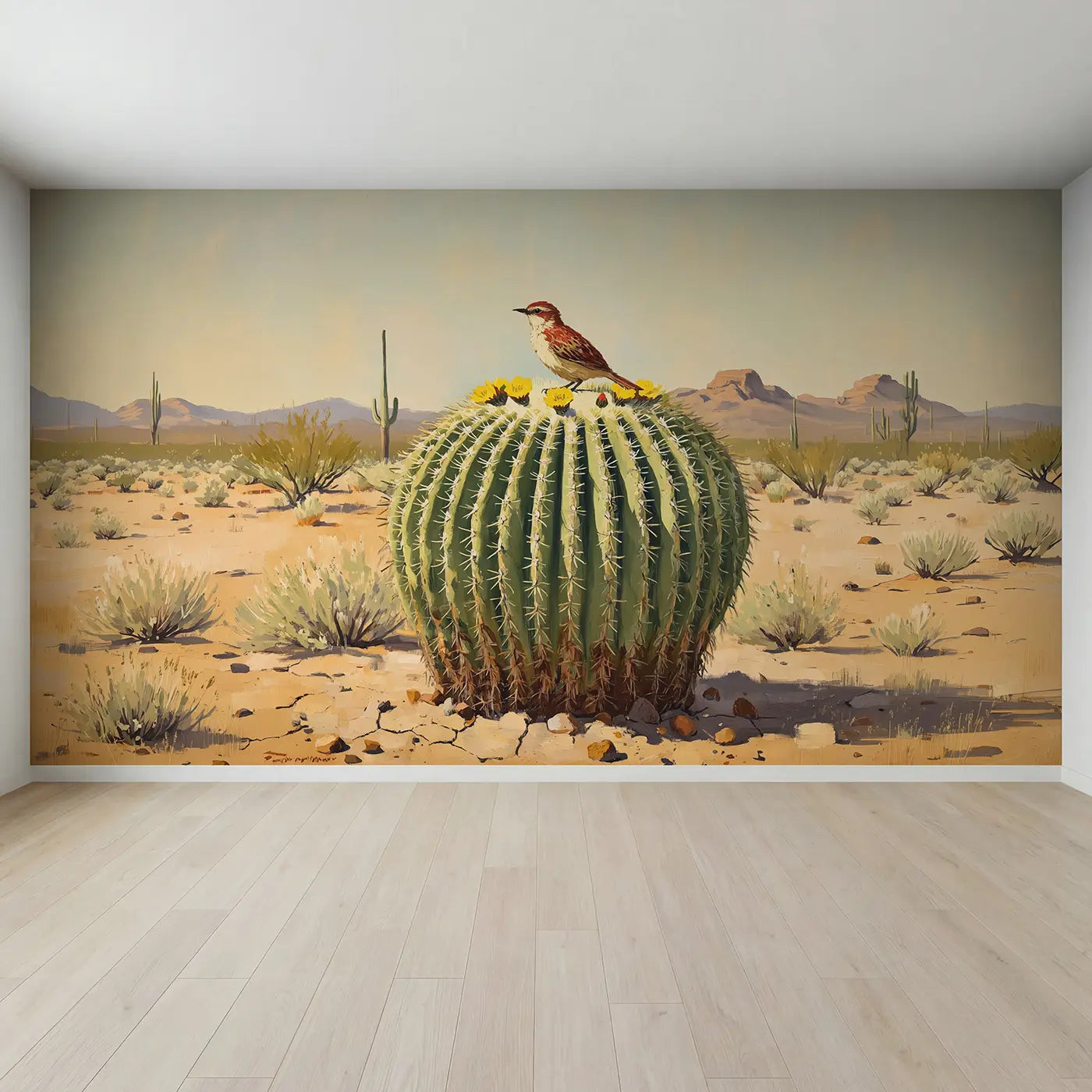 Full view of Desert Barrel Cactus Bird Wallpaper Mural by Whimsy Tots