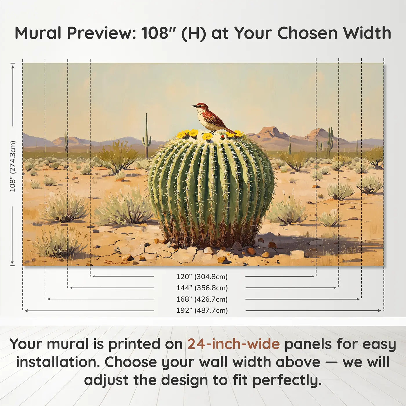 Panel layout and dimensions for Desert Barrel Cactus Bird Wallpaper Mural by Whimsy Tots