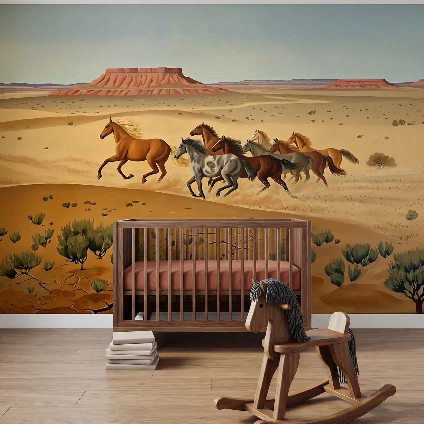 Modern Illustration wild horse mesa gallop wallpaper mural for kids room by Whimsy Tots