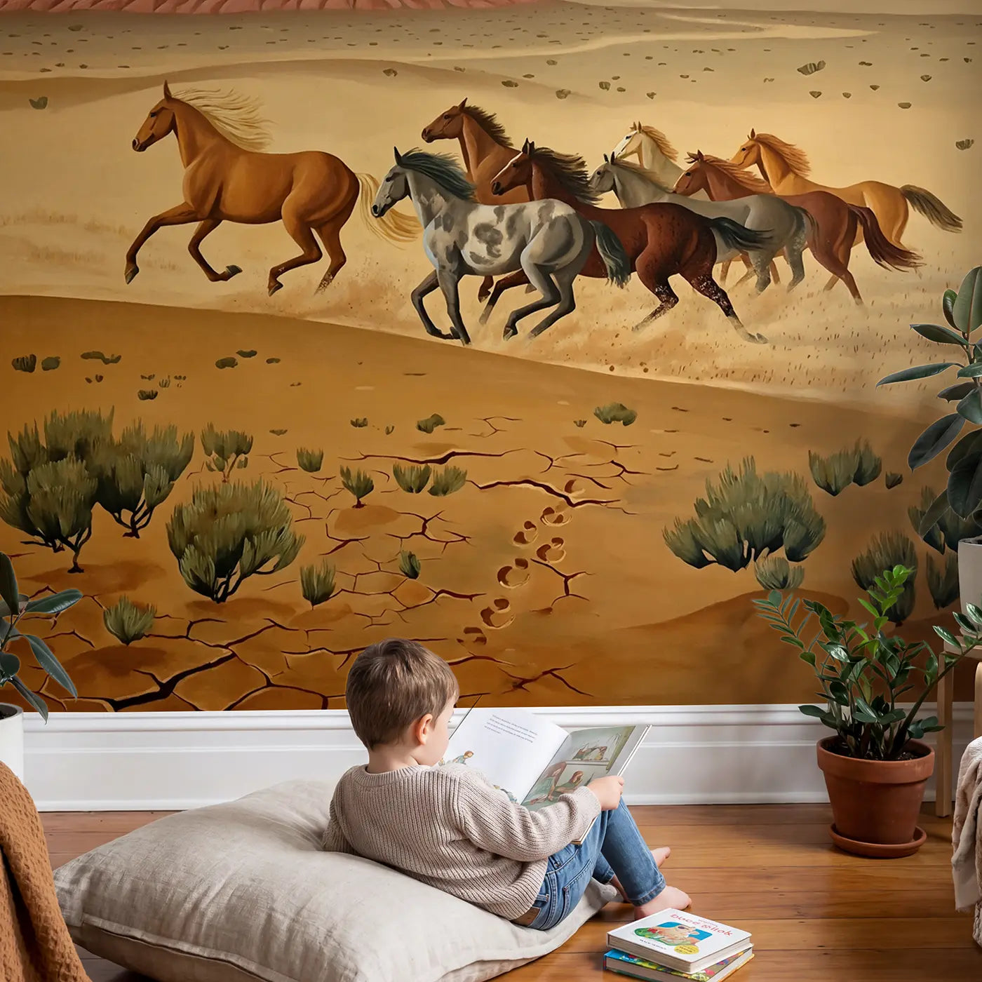 Child in nursery with Wild Horse Mesa Gallop Wallpaper Mural by Whimsy Tots