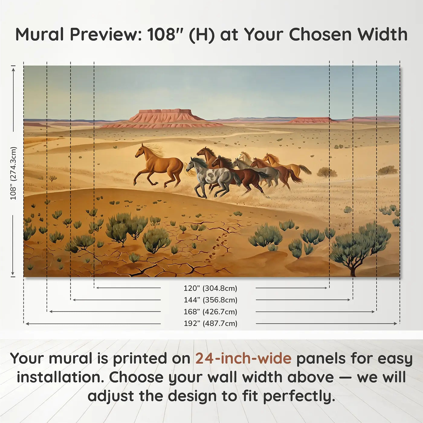 Panel layout and dimensions for Wild Horse Mesa Gallop Wallpaper Mural by Whimsy Tots