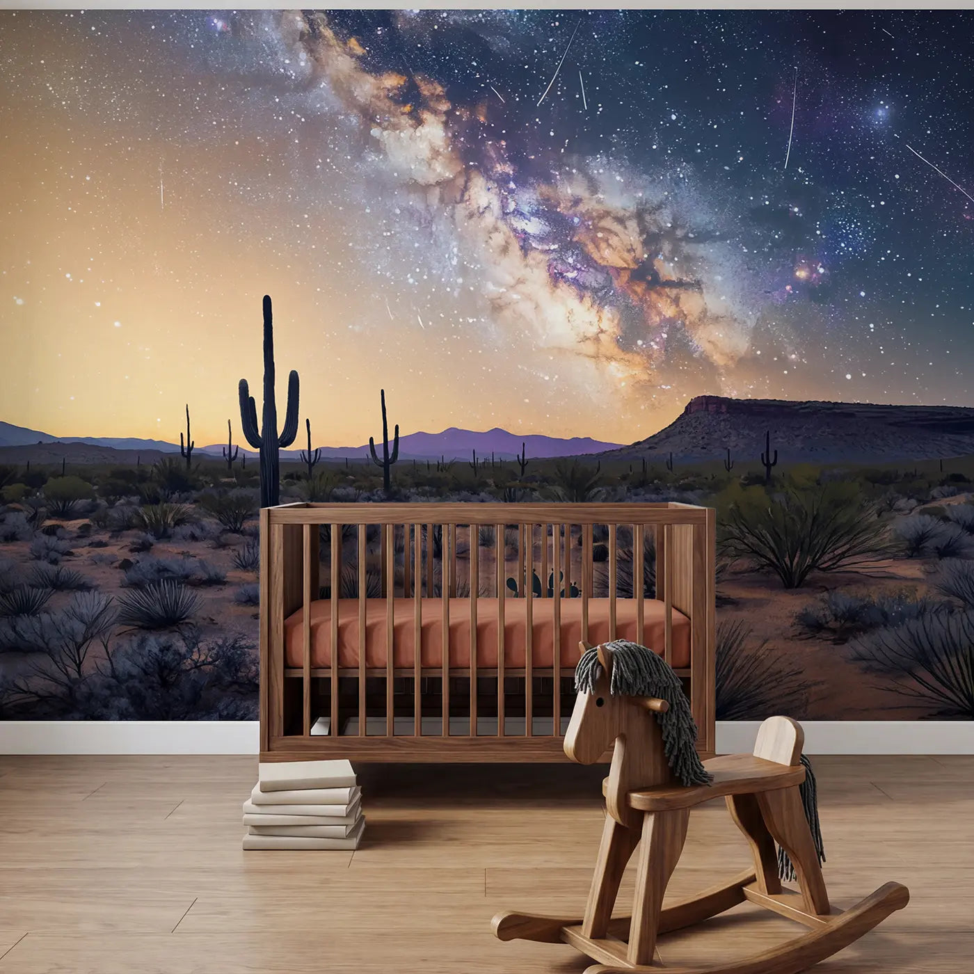 soft pastel desert milky way cactus night wallpaper mural for nursery by Whimsy Tots