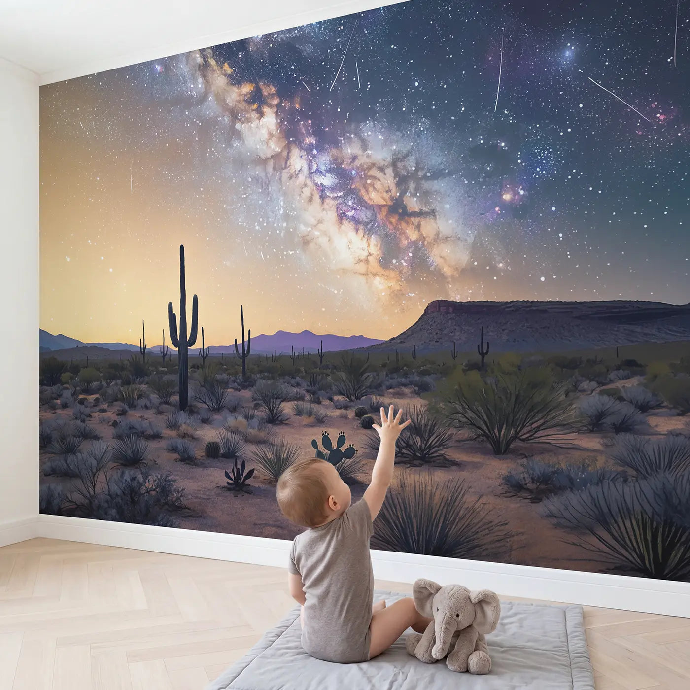 Child in nursery with Desert Milky Way Cactus Wallpaper Mural by Whimsy Tots
