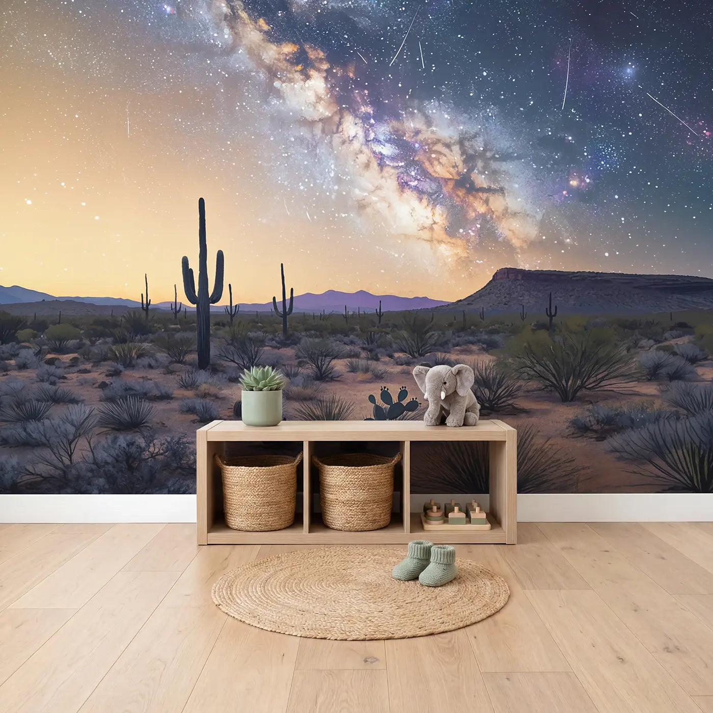 Desert Milky Way Cactus Wallpaper Mural in playroom setting by Whimsy Tots