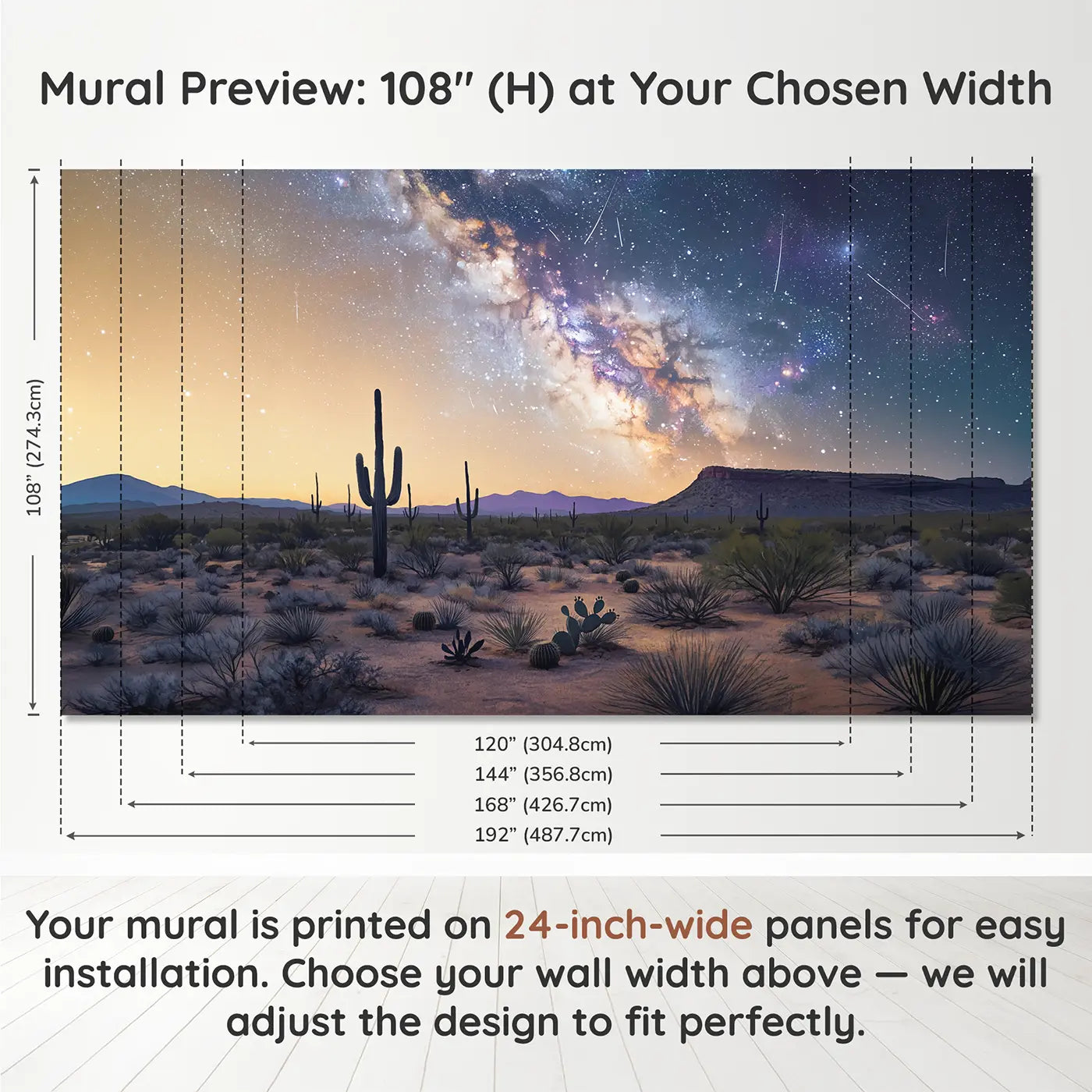 Panel layout and dimensions for Desert Milky Way Cactus Wallpaper Mural by Whimsy Tots