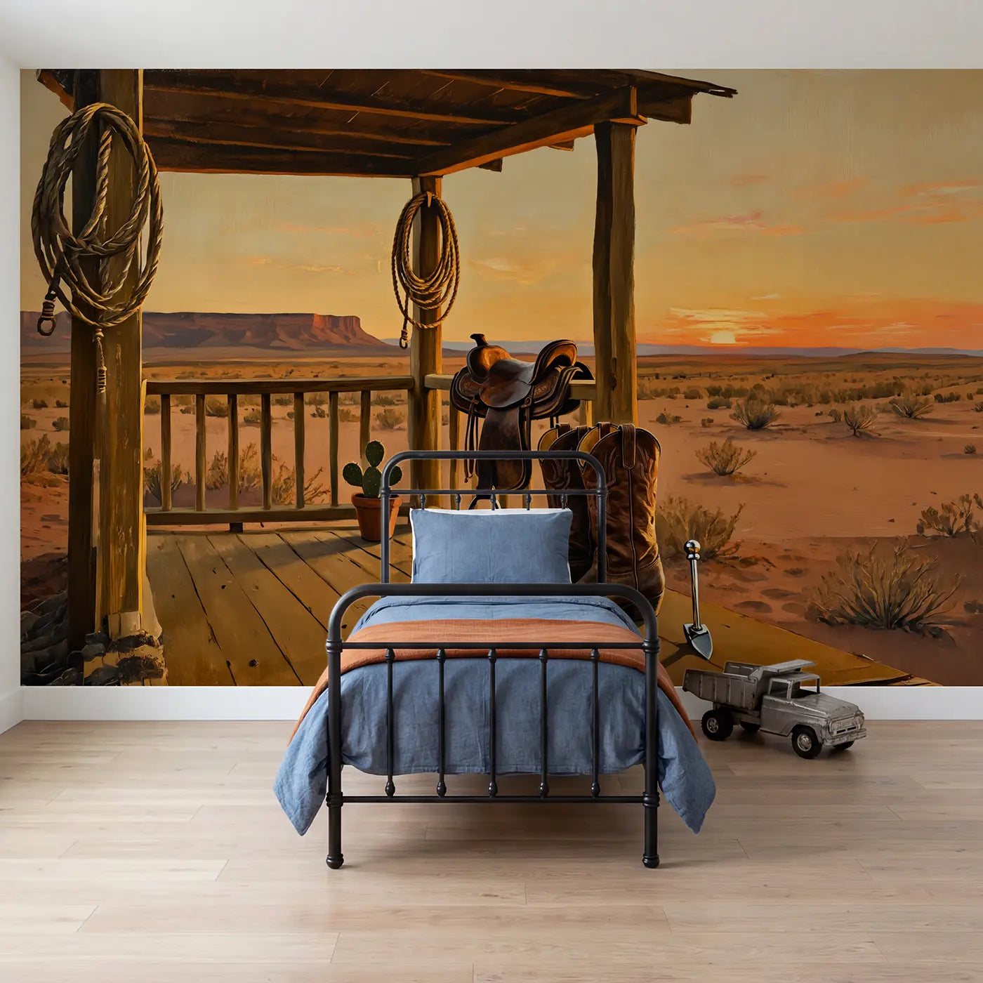 Painted landscape cowboy boot western desert wallpaper mural for kids room by Whimsy Tots