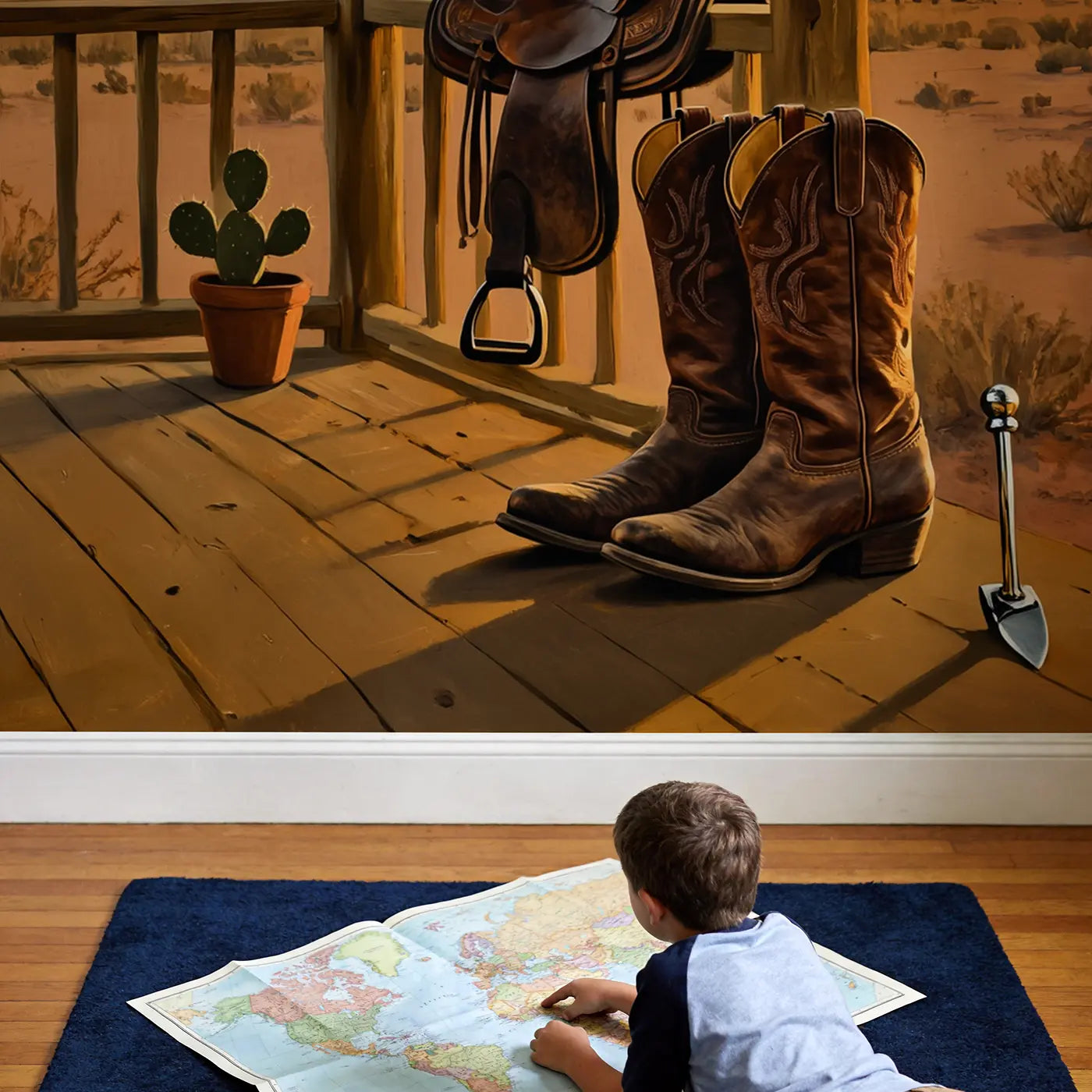 Child in nursery with Cowboy Boot Still Life Wallpaper Mural by Whimsy Tots