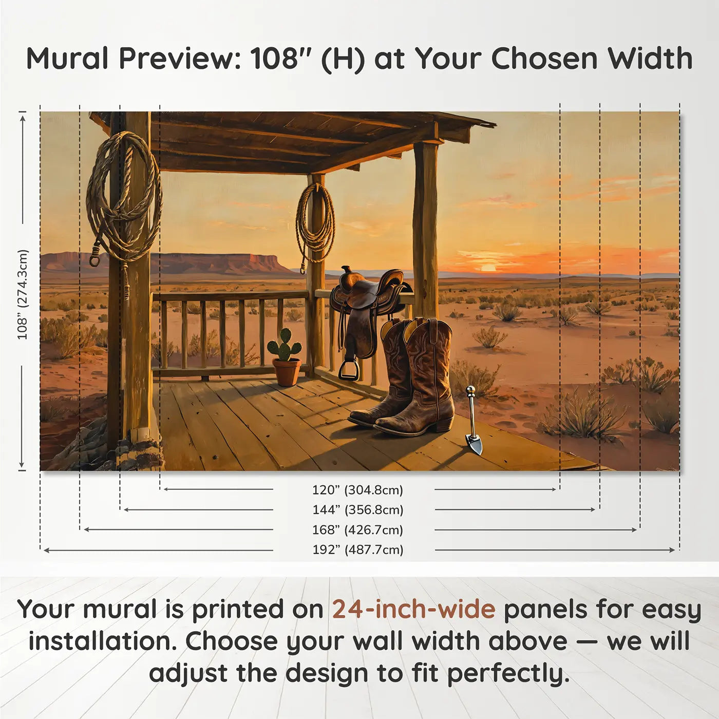 Panel layout and dimensions for Cowboy Boot Still Life Wallpaper Mural by Whimsy Tots