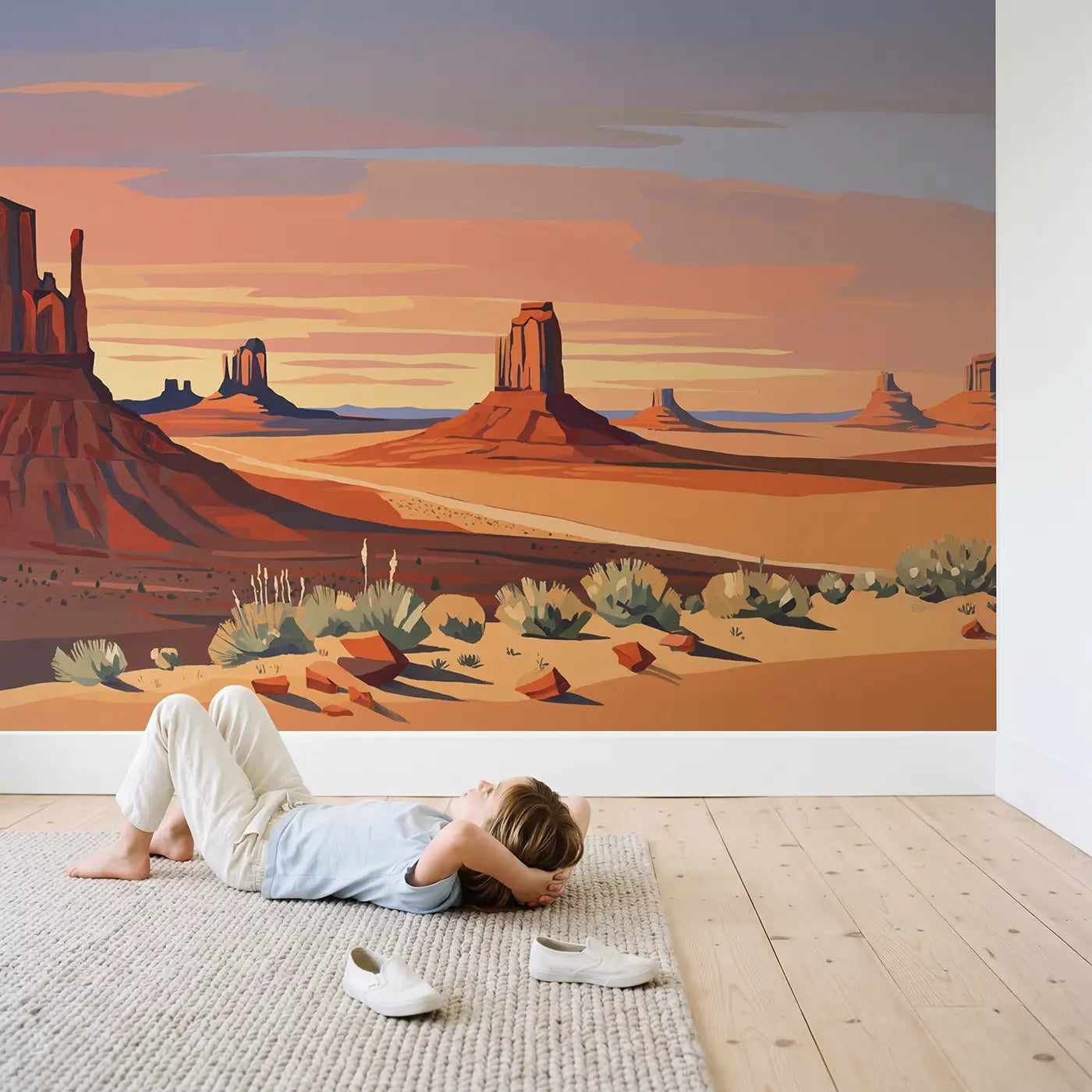 Child in nursery with Monument Valley Sunset Wallpaper Mural by Whimsy Tots