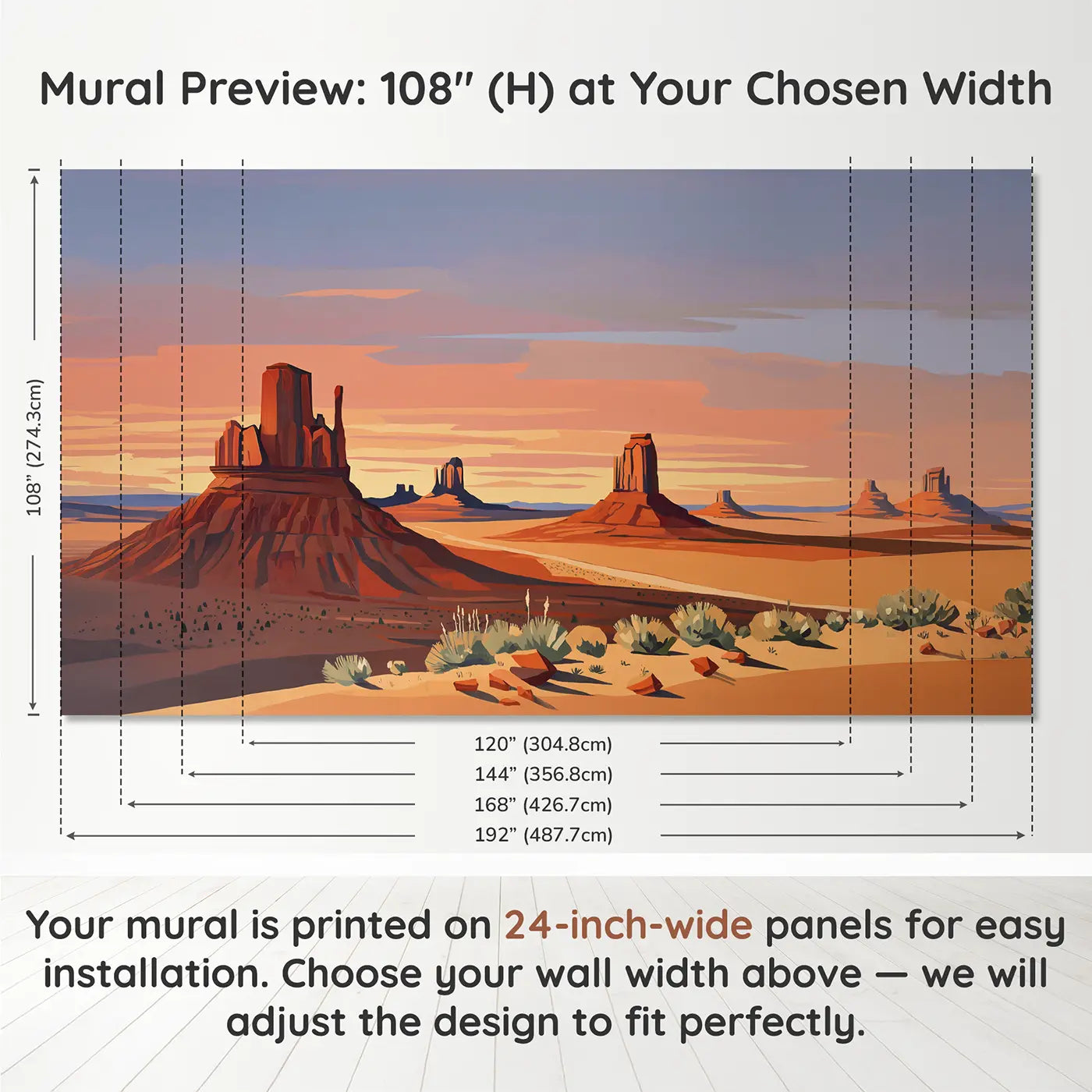 Panel layout and dimensions for Monument Valley Sunset Wallpaper Mural by Whimsy Tots