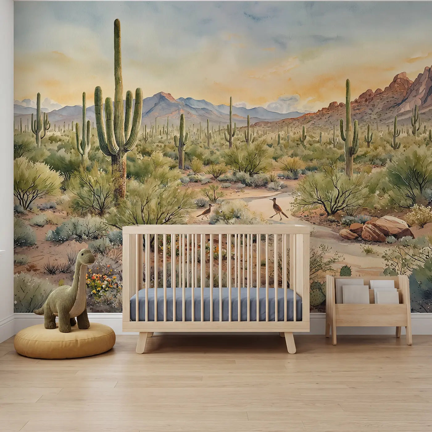 Watercolor saguaro desert panorama wallpaper mural for boys room by Whimsy Tots