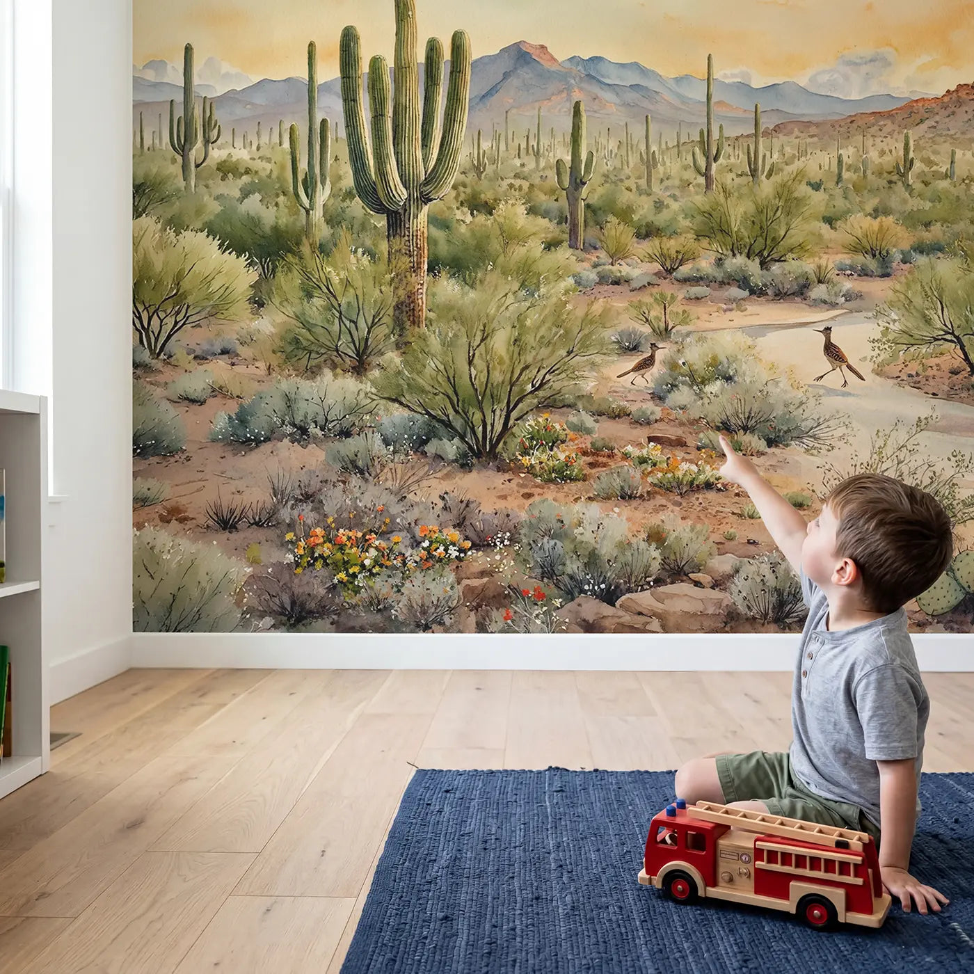 Child in nursery with Saguaro Forest Panorama Wallpaper Mural by Whimsy Tots